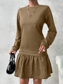 SHEIN Cottnline فستان كاجوال بأكمام طويلة وياقة مستديرة وحافة مطرّزة - كريم - مشاهدة 5
