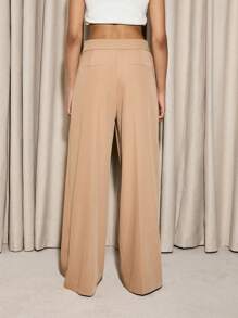 AiiRZ Luxurious High-Waisted Wide-Leg Palazzo Trousers, Professional Office Wear Dress Pants With Turn-Over Side Detail, Elegant Evening Formal Wear - Brown - View 2