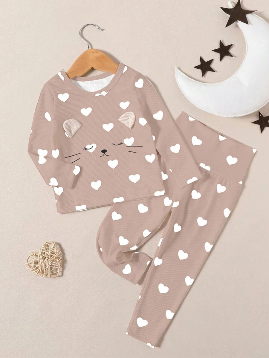 SHEIN Baby Girl Heart Print 3D Ear Design PJ Set - Multicolor - View 1
