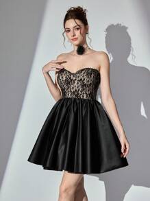 SHEIN Belle Damen elegantes Spitzen-Patchwork trägerloses Kleid für formelle Anlässe, Damen luxuriöses langes Abendkleid, Abschlussballkleid, Hochzeitsgast-Kleid, Partykleid, Abiballkleid - Schwarz - Übersicht 8