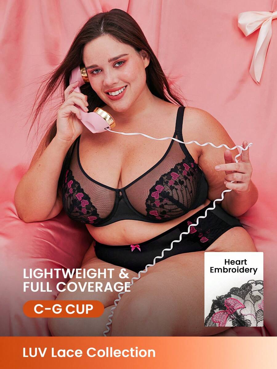 LUVLETTE 女士刺绣优雅内衣休闲曲线透视全覆盖支撑透气钢圈性感无衬里心形黑色蕾丝迷你文胸新娘内衣