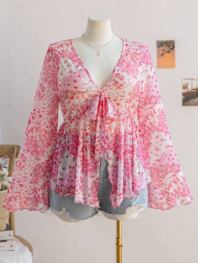Soleia Plus Size Women Retro Patchwork Floral Print Knitted Mesh Open Front Cinched Waist Flared Sleeve Blouse