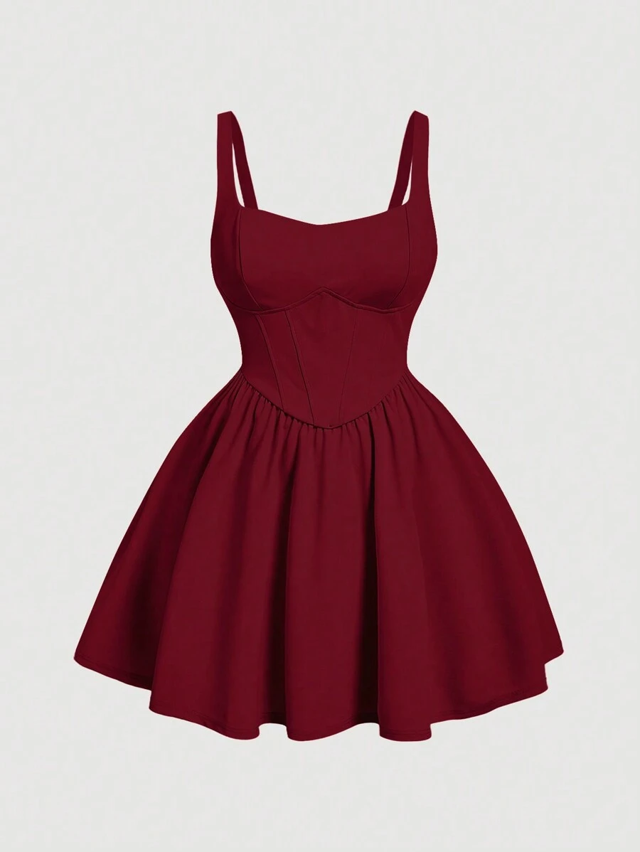 SHEIN MOD Plus Burgundy Solid Corset Structure Cami Dress - Burgundy - View 1