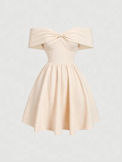 SHEIN MOD Vestido con hombros descubiertos, cuello de lazo, cintura ajustada y bajo acampanado