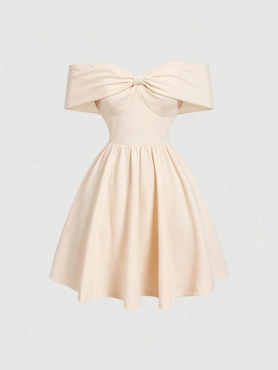 SHEIN MOD 露肩蝴蝶结领合腰喇叭下摆连衣裙 - 杏色 - 查看 1