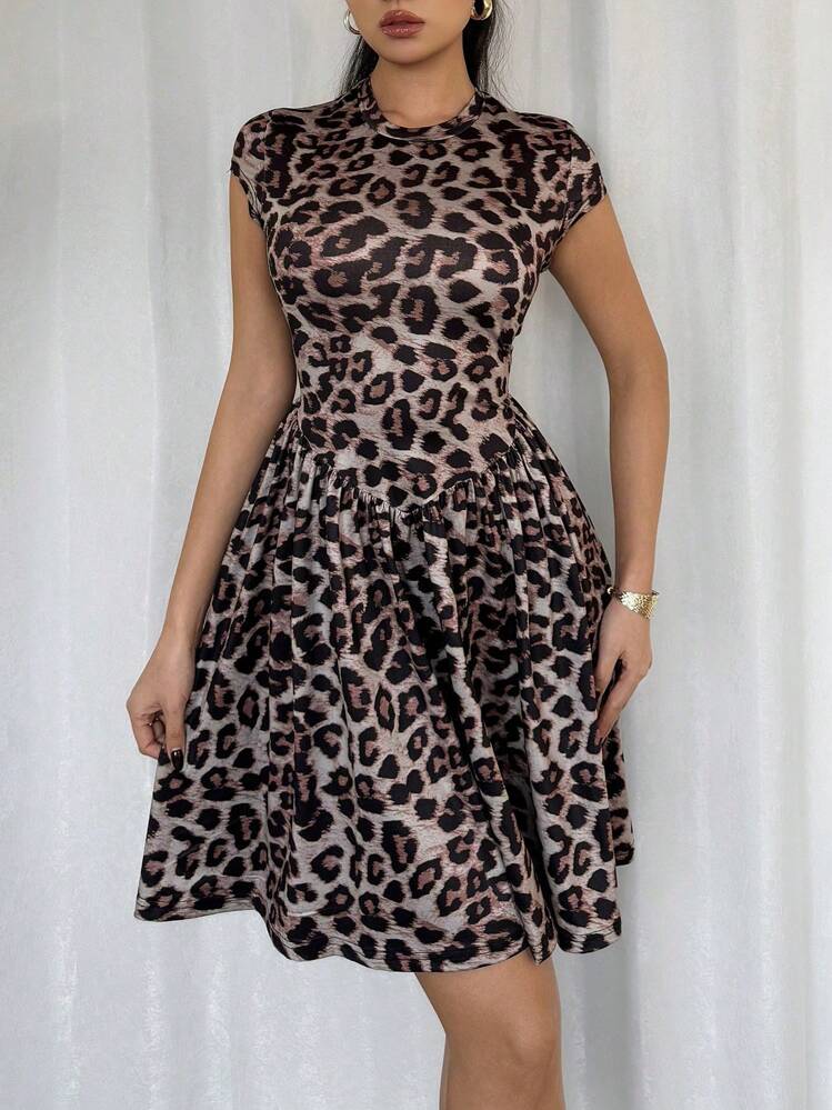 Rafferiza Vestido de verano casual con estampado de leopardo y falda acampanada de punto para mujer - Multicolor - Añade 3