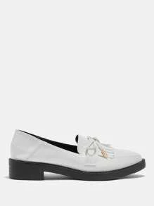 CUCCOO CURVES Plus Size Wide Fit Wedge Thick Bottom Shoes, Pointed Toe Solid Color High Vamp Fringe Shoes, British Style Women Shoes - White - View 5