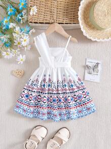 SHEIN Baby Girls Summer Cute Geometric Pattern Strap Sundress - White - View 9