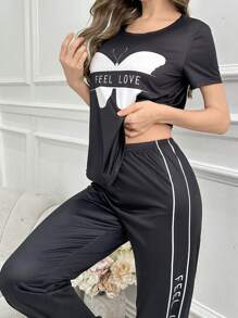 蝴蝶印花休闲睡衣，女式短袖上衣和抽绳长裤套装 - 黑色 - 查看 3