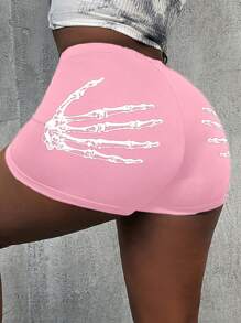 VaVaBold Skeleton Hand Print High Waist Short Leggings - Pink - View 1