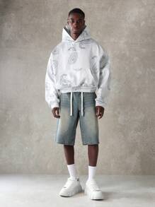 SUMWON Áo hoodie cắt gấu in họa tiết Paisley cao cấp mùa đông thu dây rút thời trang dạo phố thường ngày thời trang đô thị đồ mặc nhà thể thao dáng rộng - Xám - Xem 5