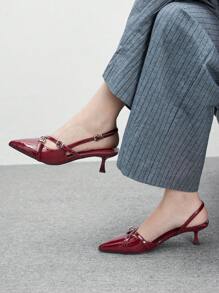 CUCCOO BIZCHIC 尖头低跟酒红色女士正装高跟鞋，简约通勤优雅高跟鞋，适合春季休闲装和通勤 - 酒紅色 - 查看 2