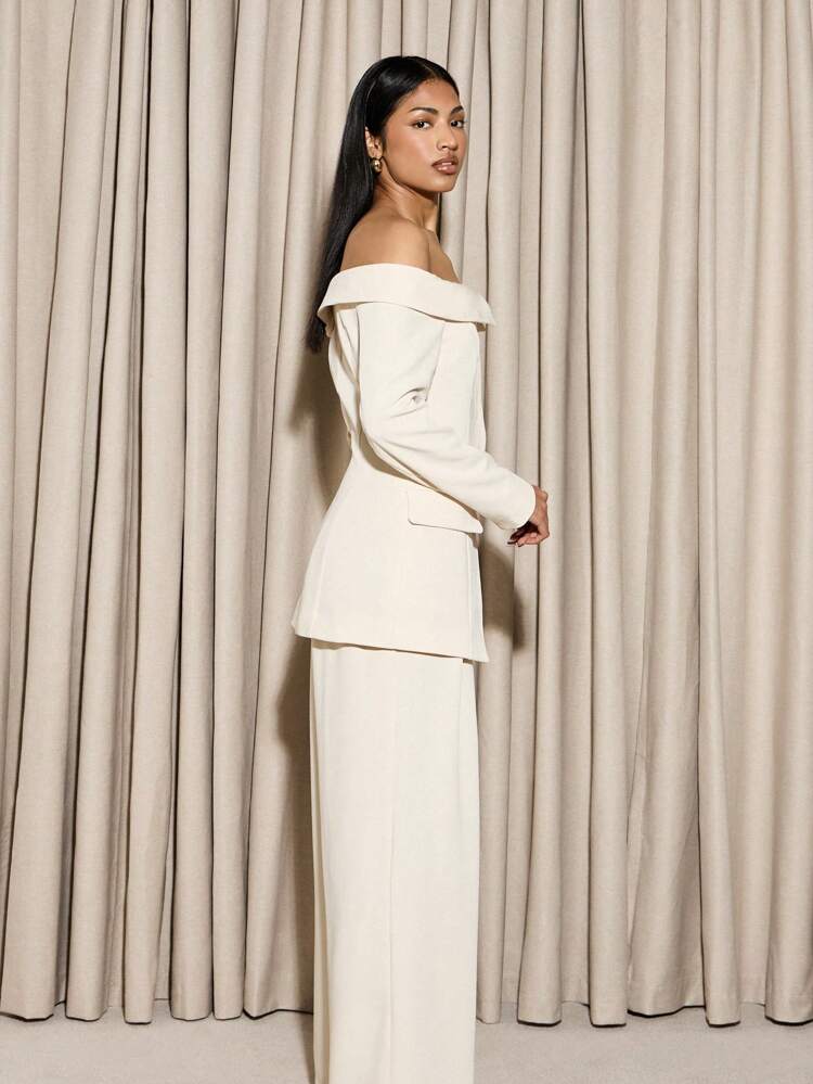 AiiRZ Blazer elegante con spalle scoperte, aderente, con dettaglio collo ripiegato, giacca da tailleur per eventi di lavoro, feste serali e occasioni formali, con tasche a filetto, pezzo sofisticato e moderno di grande impatto