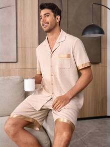 CoupledUp Jacquard Lapel Short Sleeve Contrast Ribbon Men's Sleepwear Set - Apricot - View 2