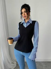 Elenzga Women Casual Color Block Striped Long Sleeve Regular Blouse, Autumn - Blue - View 3