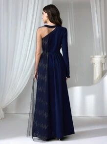 Coutiva Women New Special Patchwork Long Sleeve Formal Evening Gown, Wedding Guest Dress, Party Dress, Prom Dress