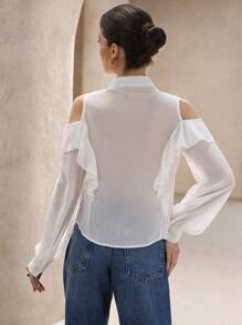 GENKIRA White Ruffled Ruffle Sheer Elegant Blouse For Women, Long Sleeve - White - View 2