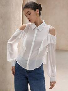 GENKIRA White Ruffled Ruffle Sheer Elegant Blouse For Women, Long Sleeve - White - View 4