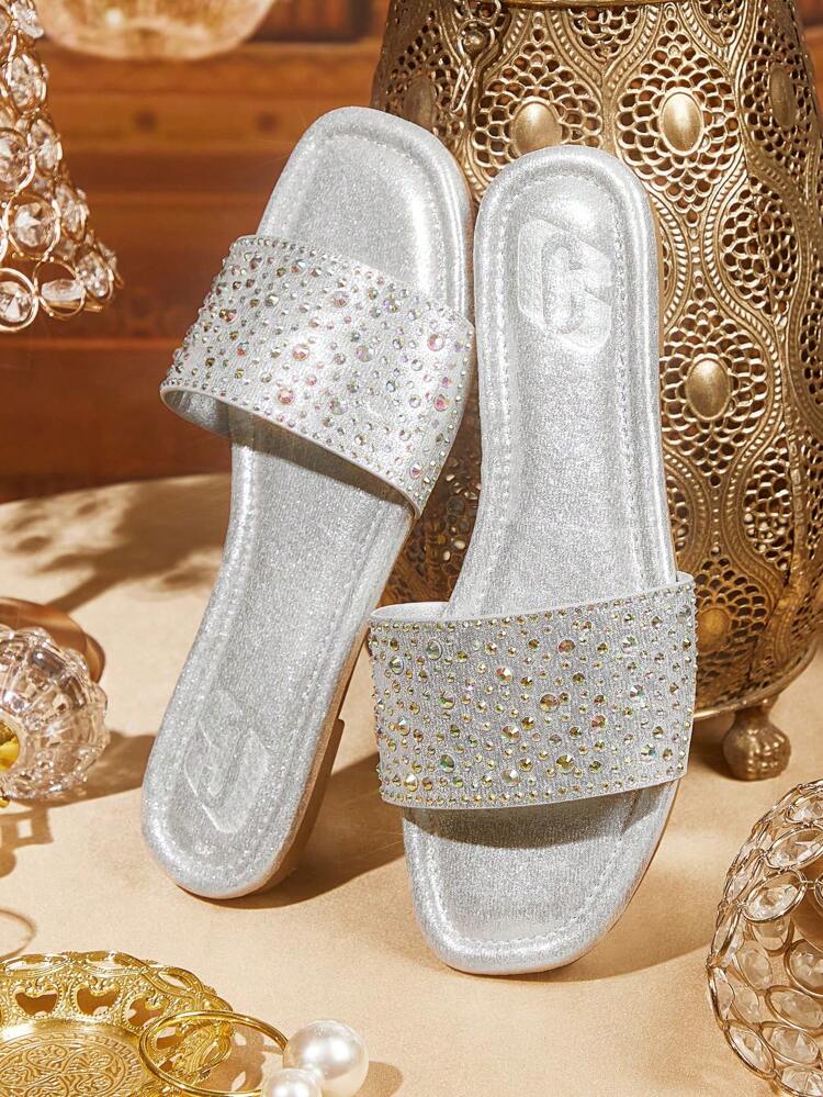 CUCCOO TILAWA Glamorous Sparkling Champagne Rhinestone Decor Slide Sandals