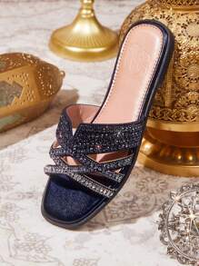 CUCCOO TILAWA Ombre Golden Glitters Rhinestone Embellished Casual Slip-On Slippers, Party Sandals Spring Shoes Spring Break Easter