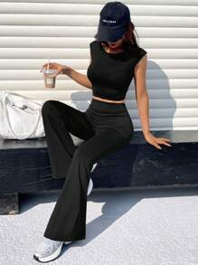 Muchica Women 2 Pieces Knitted Backless Top & Flare Leg Pants Set - Black - View 5