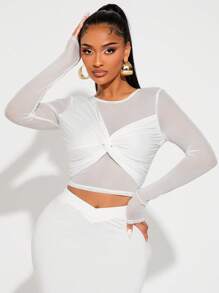 SHEIN SXY Élégant T-shirt asymétrique en maille transparente et blanc unicolore, style minimaliste pour le travail, les fêtes, les rendez-vous, les anniversaires, le quotidien décontracté, le printemps/l'été