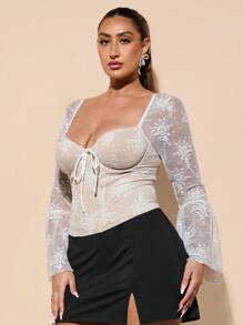SHEIN BAE Plus Size Women White Lace Long Sleeve Blouse, Flare Sleeve Sheer Top Suitable For Date, Valentine's Day, Carnival, Beach, Vacation, Back To School, Spring/Summer, Summer Women Outfit, Beach Women Outfits, Valentine's Clothes, Long Sleeve Top, Tight Fit, Knit Fashion Top