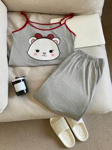 DAZY Conjunto de top holgado sin mangas y pantalón de pijama de pierna recta con estampado de dibujos animados y ribete de contraste