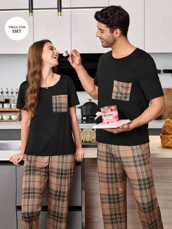 2件套男士格子印花口袋短袖上衣和裤子休闲套装