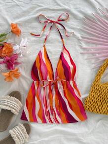 Soleia Women V-Neck Tie Front A-Line Vacation Top With Orange And Magenta Striped Pattern,Western Wear Women,Festival,Boho,Hippie,Cowgirl Outfit,Old Money ,Bohemian