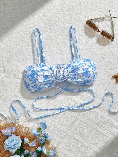 SHEIN MOD 褶皱胸罩杯前系带设计蓝白花卉印花比基尼上衣，适合夏季海滩度假、浪漫、春季、热带、性感、花卉泳装