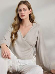 Ocili Leisure Comfortable Linen Overlap Collar Tie-Up Blouse, Women Casual Homewear Top - Pink - View 1