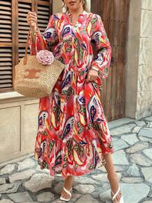 Breezaya Vestido casual largo con cuello en V, mangas con volantes y estampado - Multicolor - Ver 4