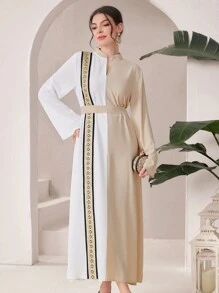 Modelyn Women's Solid Color Splicing Stand Collar Long Sleeve Minimalist Long Abaya Dress