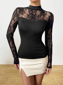 VaVaBold Camiseta de manga larga elegante y ajustada con contraste de encaje para mujer