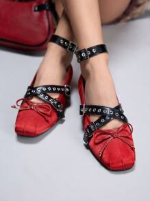 Dola Lovely 女士春季新款可爱缎面蓝色十字金属扣芭蕾平底鞋，优雅甜美大码女士平底鞋