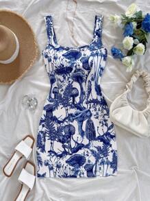 Soleia 全新方领彩色度假印花开衩迷你连衣裙，设计风格