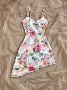 Soleia Vestido de verano con estampado floral romántico, encaje de contraste, dobladillo asimétrico, tirantes de espagueti para vacaciones, playa, primavera, Día de San Valentín, cumpleaños