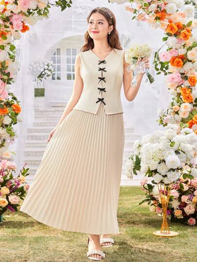 SHEIN Explorewe 2pcs Set: Elegant Commuter Bow Decor Pleated Midi Skirt For Teenage Girls