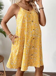 SHEIN Váy ngắn in họa tiết hoa đơn giản cho bà bầu có dây đeo mảnh cài nút phía trước - Màu vàng - Xem 5