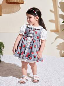 SHEIN Vestito corto da ragazza con colletto alla Peter Pan e maniche corte a fiori, completo estivo di 2 pezzi con cardigan lungo - Grigio - Visualizzare 13