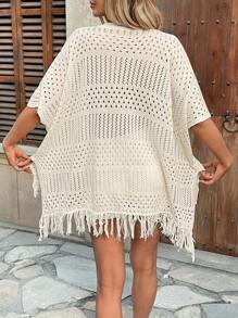 Breezaya Loose V-Neck Batwing Sleeve Openwork Tassel Hem Apricot Knitted Top For Women, Vacation Style, Spring/Autumn - Apricot - View 2