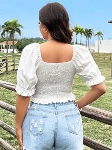 Sunnyshic Blusa de estilo francés para mujer de talla grande con cuello cuadrado, encaje de contraste, mangas abullonadas, ajustable con nudo en la cintura