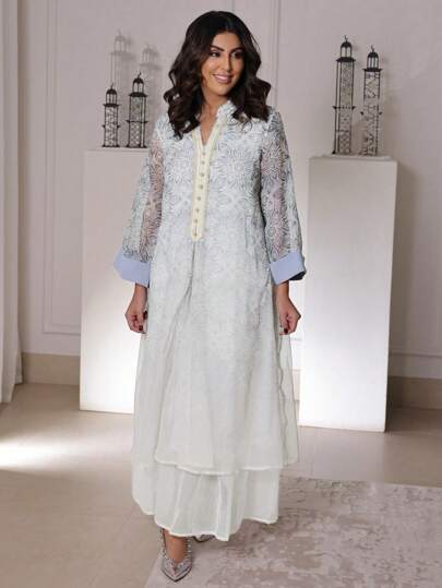 Al Najma 女士纯色拼布长袖休闲连衣裙，简约风格