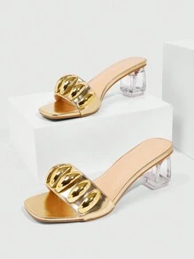 CUCCOO SZL Women's Metal Buckle Embellished Square Toe Block Heels Crystal Transparent Heel Sexy Luxury Comfortable Gold High Heel Sandals, Suitable For Beach, Night Club, Party, Banquet Spring Break Easter Prom Heels - Gold - View 7