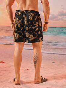 EASEVO Plus Size Men's Loose Casual Black Woven Shorts With Plant & Animal Prints