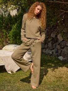 Ocili Ocili Conjunto de pijama/ropa de estar en casa de mujer con top corto de algodón 100% con textura de gofre sin hombros de manga corta, de ajuste holgado y cómodo