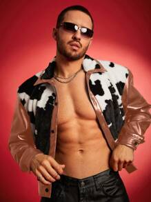 FeverCity Chaqueta de manga larga con estampado de vaca, de piel sintética y peluda para hombre