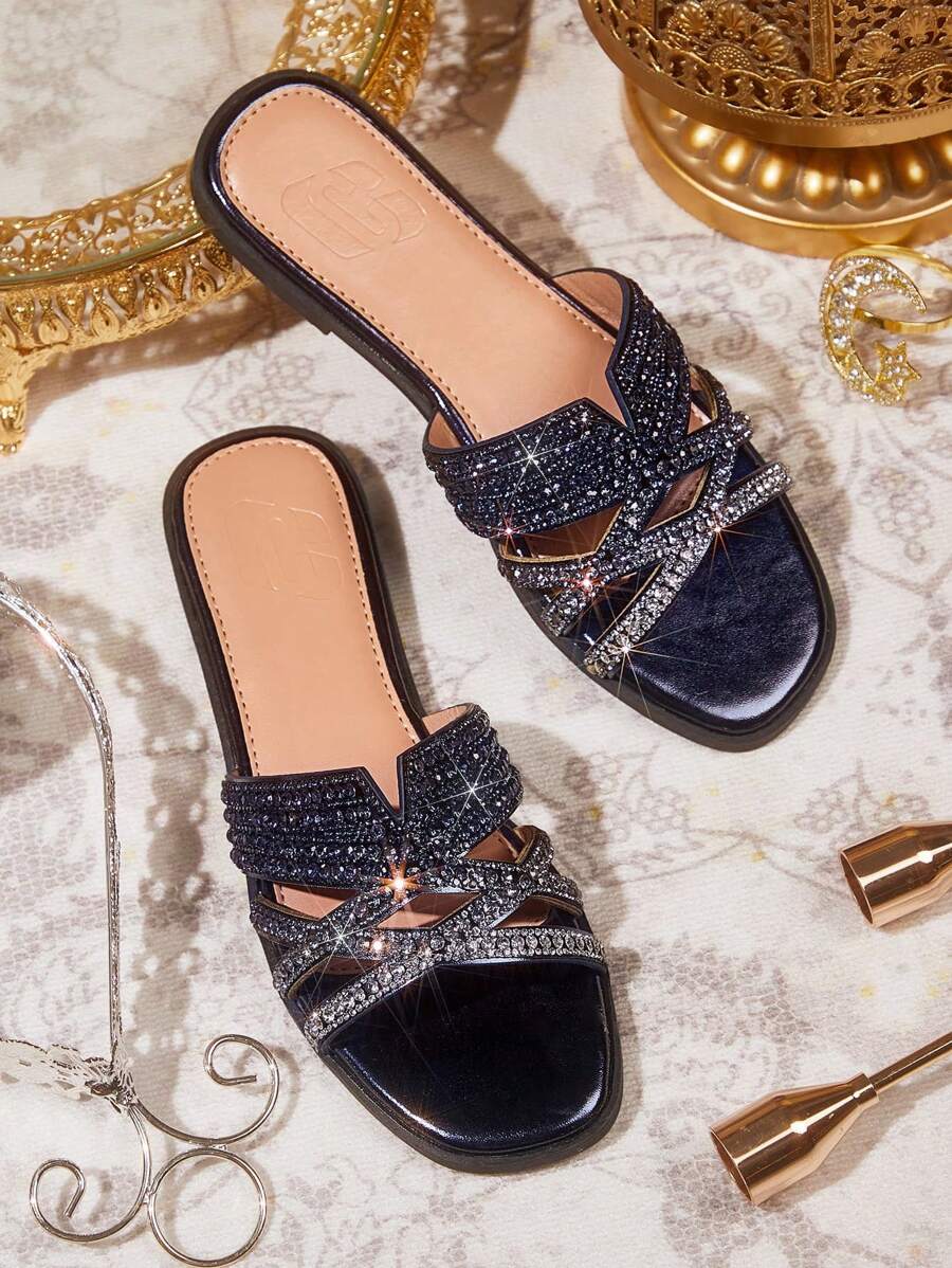 CUCCOO TILAWA Ombre Golden Glitters Rhinestone Embellished Casual Slip-On Slippers, Party Sandals Spring Shoes Spring Break Easter