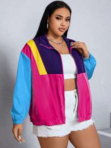 SHEIN EZwear 大尺碼純色前拉鍊拼接休閒夾克，簡約設計，適合冬季秋季登山 - 彩色 - 查看 4